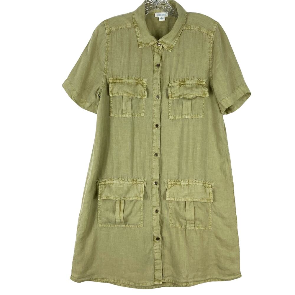 NWOT SUNDANCE Shirt Dress S Linen 4 Pockets Button Up Short-Slv Knee Harper Sage